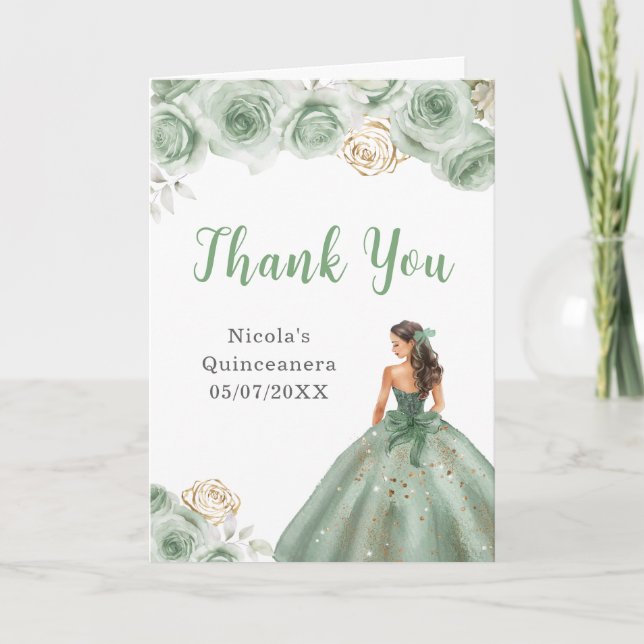 Princess in Sage Green Dress Quinceanera Thank You (Front)