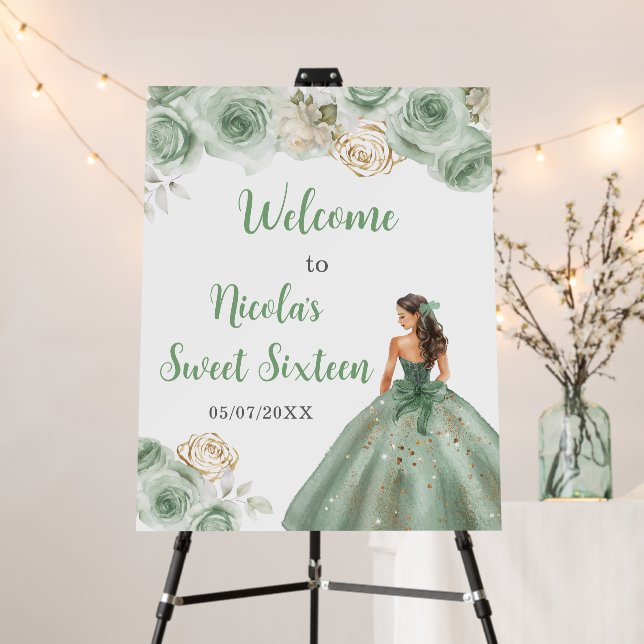 Princess in Sage Green Dress Sweet Sixteen Welcome Foam Board (In Situ (Stand))