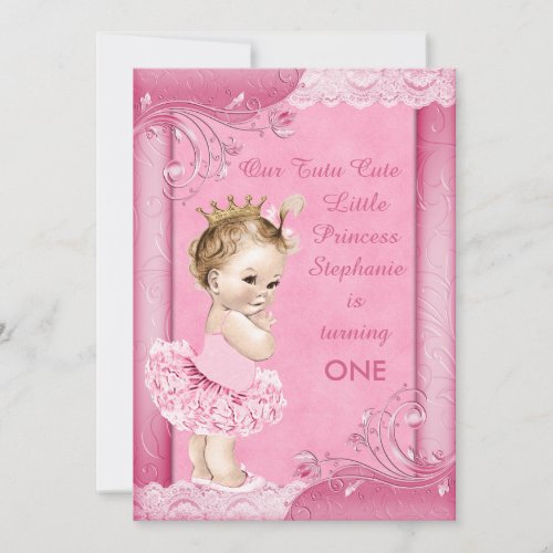 Princess in Tutu Baby 1st Birthday Faux Lace Invitation