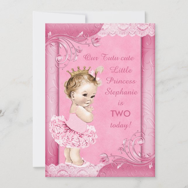 Princess in Tutu Baby 2nd Birthday Faux Lace Invitation (Front)