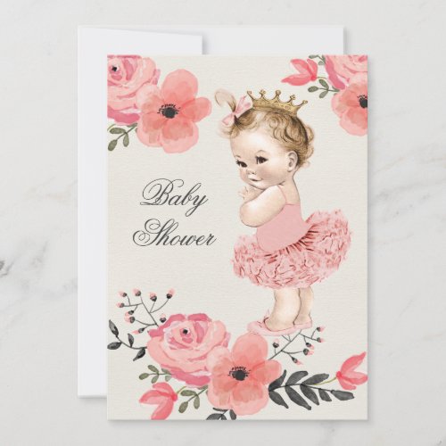 Princess in Tutu Watercolor Flowers Baby Shower Invitation