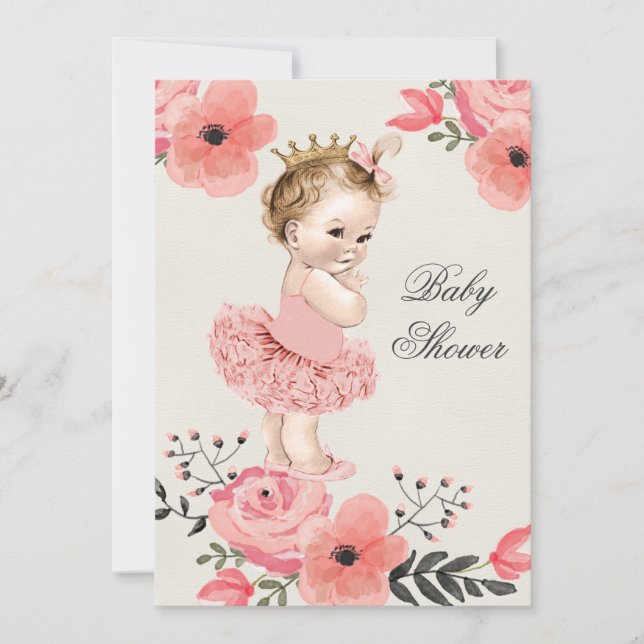 Princess in Tutu Watercolor Flowers Baby Shower Invitation (Front)
