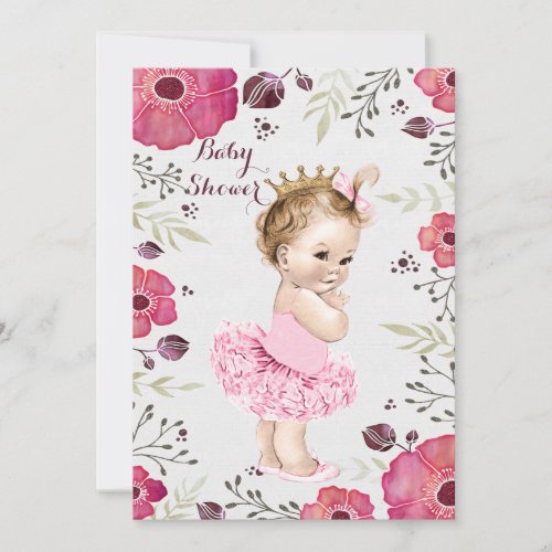 Princess in Tutu Watercolor Poppies Baby Shower Invitation