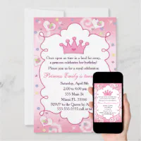 FLORAL PRINCESS TIARA pink DIGITAL PRINTABLE BIRTHDAY PARTY INVITATION
