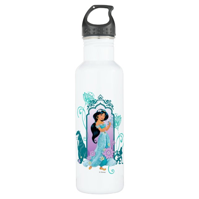 Princess Jasmine,  Rajah & Abu Floral Stainless Steel Water Bottle (Front)