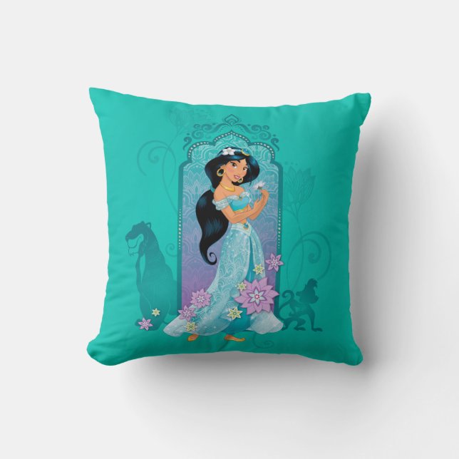 Princess Jasmine,  Rajah & Abu Floral Throw Pillow (Front)