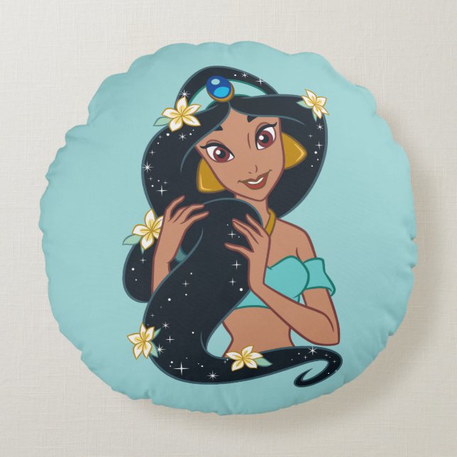 Princess Jasmine - Sparkling Hair & Blossoms Round Pillow (Front)