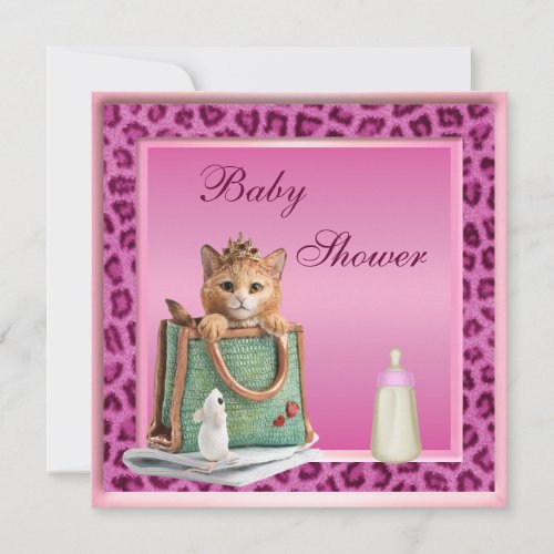 Princess Kitten Pink Faux Leopard Fur Baby Shower Invites