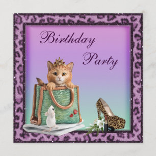 Princess Kitten Purple Faux Leopard Fur Birthday Invitation