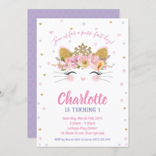 Princess Kitty Cat 1st Birthday Cute Invitation