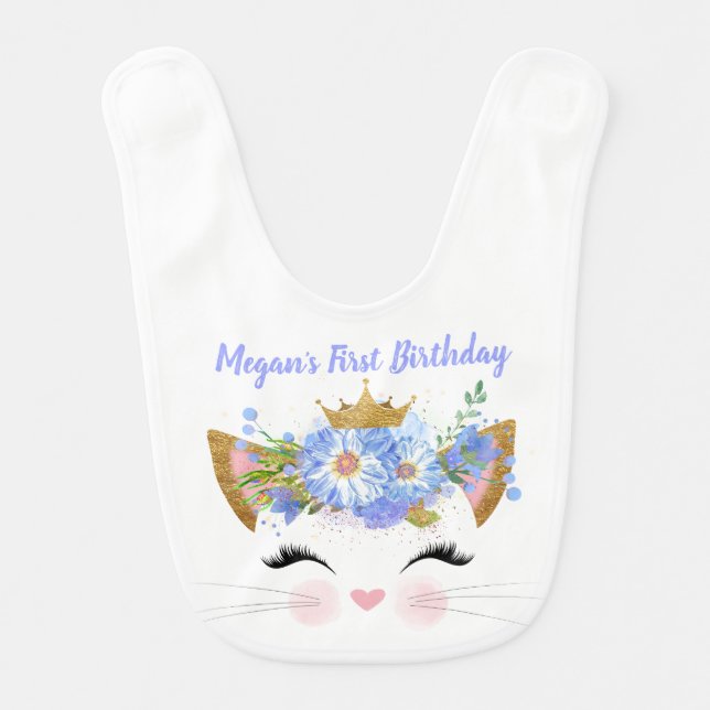 Princess Kitty First Birthday Custom Baby Bib (Front)
