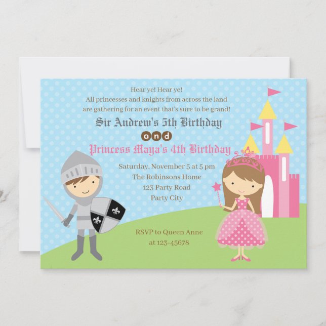 Princess & Knight Birthday Invitations (Twins) (Front)