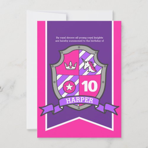 Princess knights shield kids 10th birthday invites