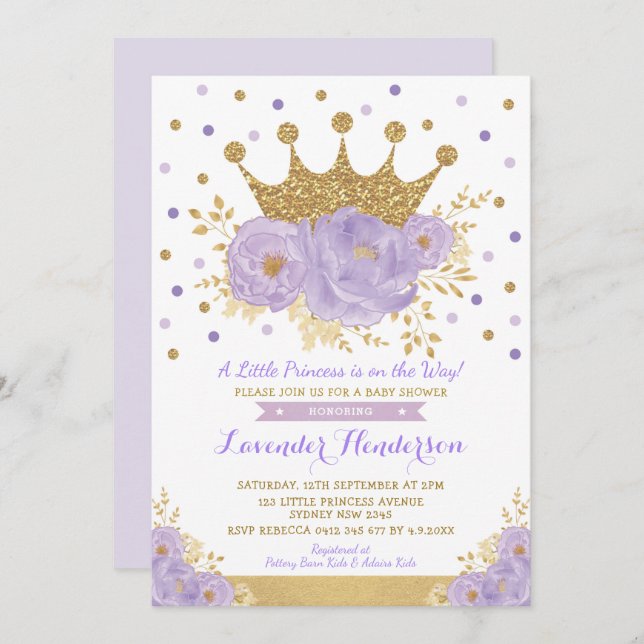Princess Lavender Gold Floral Crown Baby Shower Invitation (Front/Back)