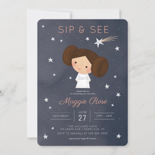 Princess Leia  Watercolor Sip  See Baby Shower Invitation