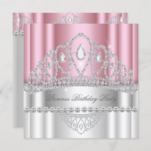 Princess Light Pink White Diamond Tiara Birthday Invitation