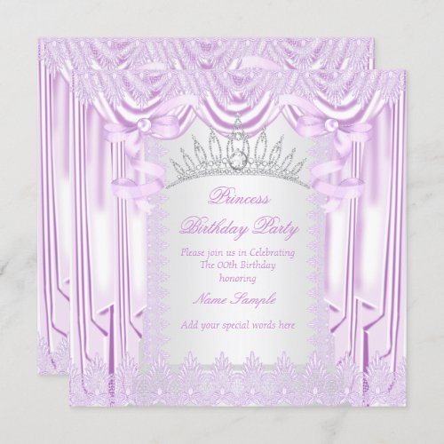 Princess Lilac Lace Tiara White Birthday Party Invitation