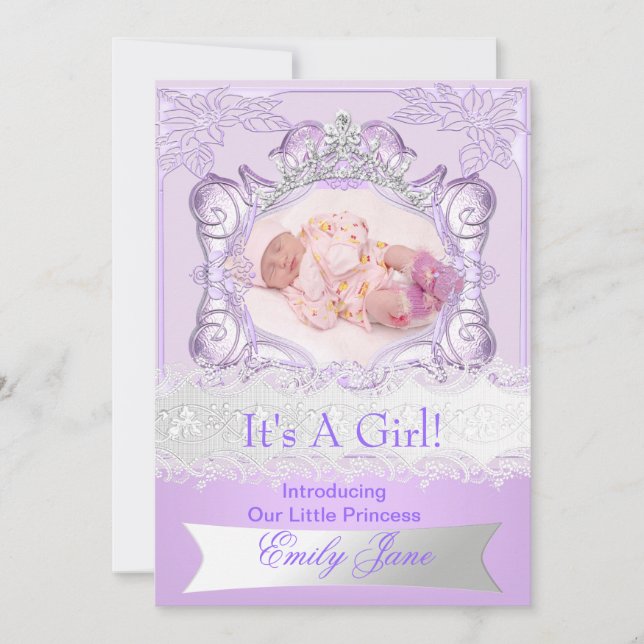Princess Lilac New Baby Girl Announcement Photo (Front)