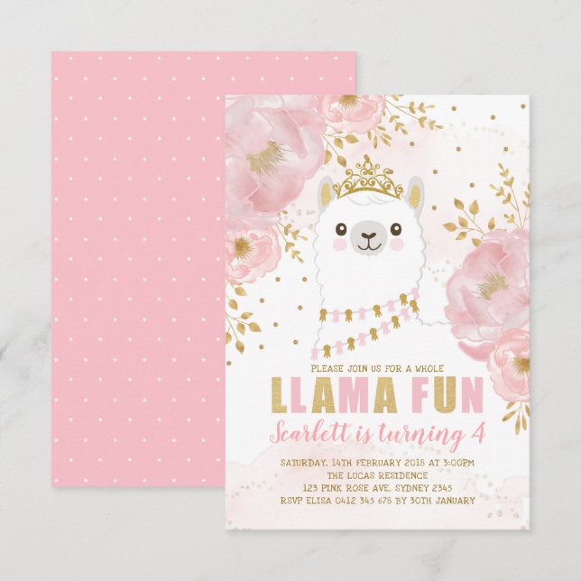 Princess Llama Birthday / Pink Gold Fiesta Party Invitation (Front/Back)