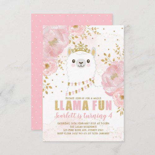 Princess Llama Birthday  Pink Gold Fiesta Party Invitation