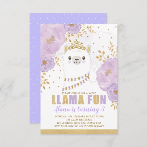 Princess Llama Birthday  Purple Gold Fiesta Party Invitation