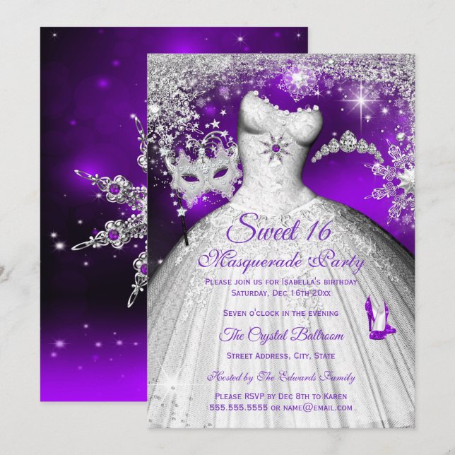 Princess Masquerade Sweet 16 Purple Silver Party Invitation (Front/Back)