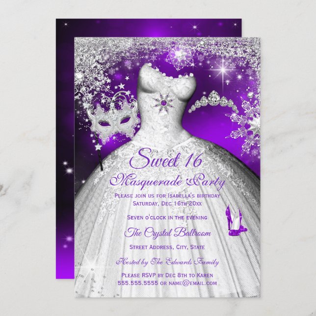 Princess Masquerade Sweet 16 Purple Silver Party Invitation (Front/Back)