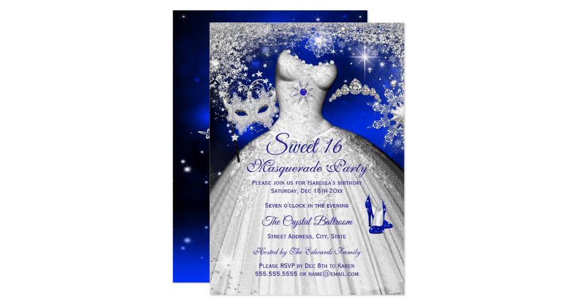 Princess Masquerade Sweet 16 Royal Blue Silver Invitation