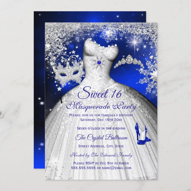 Princess Masquerade Sweet 16 Royal Blue Silver Invitation (Front/Back)