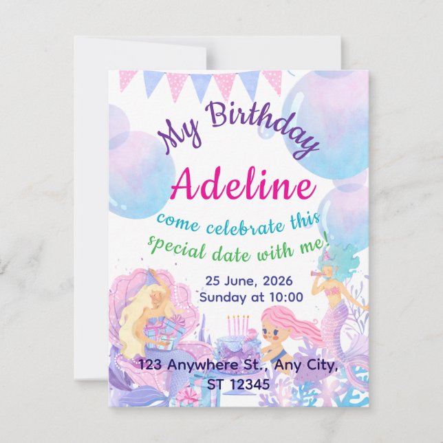 Princess & Mermaid Birthday Invitation Card (Front)