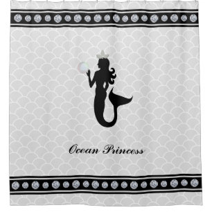 Princess Mermaid Black Silhouette on Silver Gray Shower Curtain