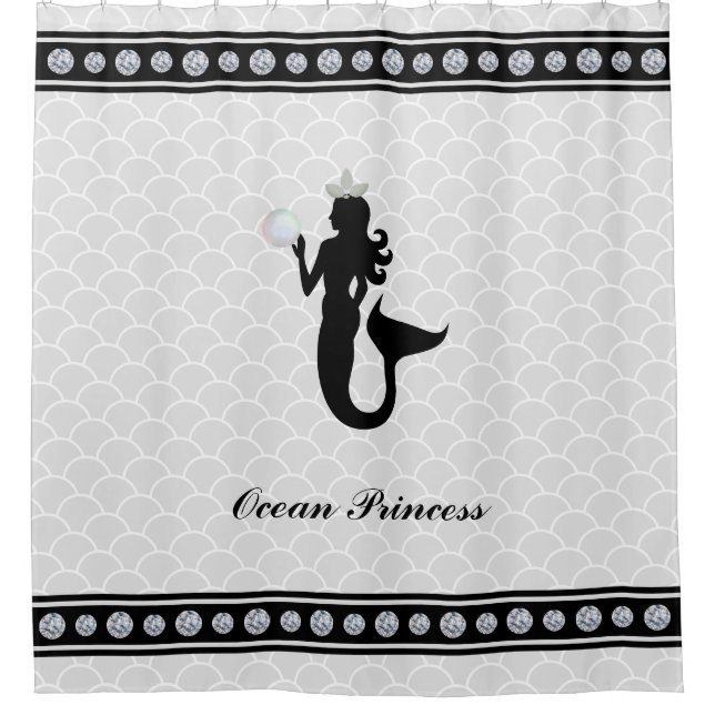 Princess Mermaid Black Silhouette on Silver Gray Shower Curtain (Front)