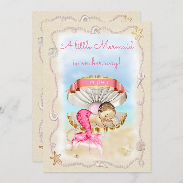 Princess Mermaid Name on Clam Shell Baby Shower Invitation (Front/Back)