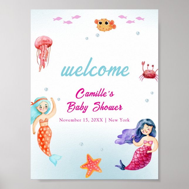 Princess Mermaid Ocean Coral Baby Shower Welcome Poster (Front)