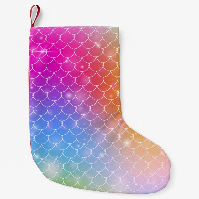 Princess mermaid with kawaii rainbow scales patter small christmas stocking (Front)