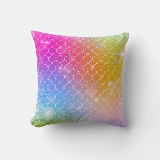 Princess mermaid with kawaii rainbow scales patter throw pillow (Front)