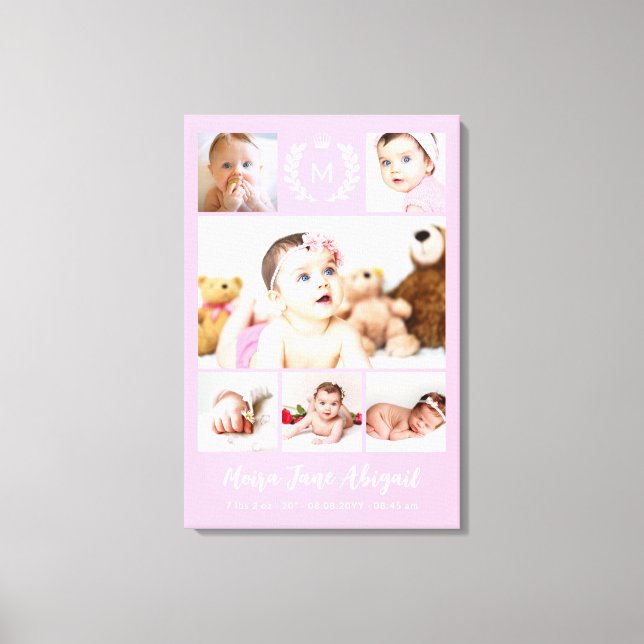 Princess Monogram Pink Baby Photo Collage Canvas Print (Front)