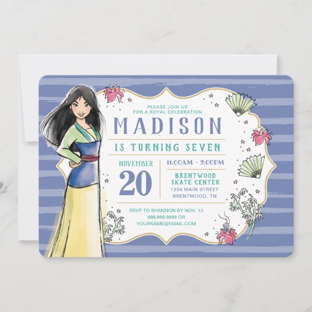 Princess Mulan | Watercolor  Stripe Birthday Invitation (Front)