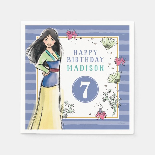 Princess Mulan | Watercolor Stripe Birthday Napkins (Front)
