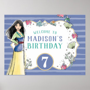 Princess Mulan   Watercolor Stripe Birthday Poster