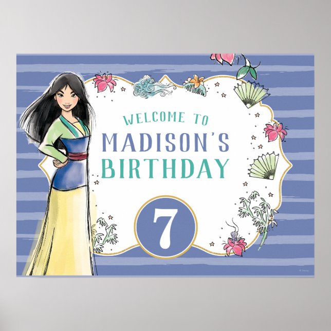 Princess Mulan | Watercolor Stripe Birthday Poster (Front)