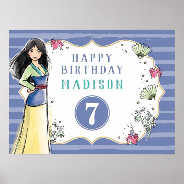Princess Mulan | Watercolor Stripe Birthday Poster (Front)