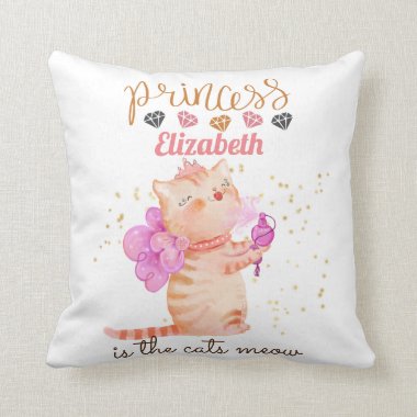 Princess (NAME) Is The Cats Meow Girls Pink Shower Throw Pillow