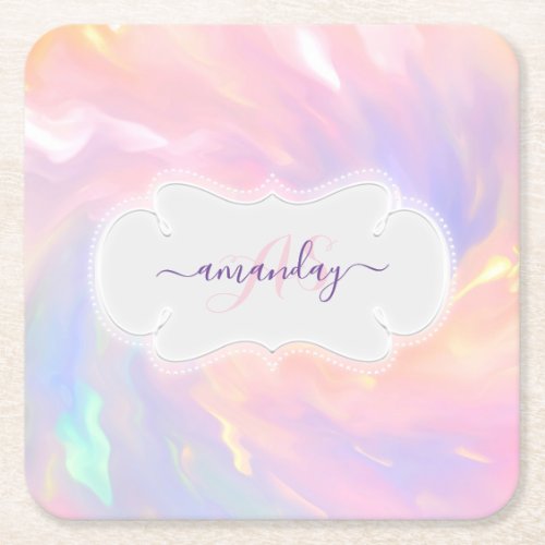 Princess Name Monogram Unicorn Quinceaera Pink Square Paper Coaster