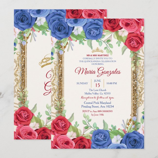 Princess Navy and Burgundy Quinceanera Invitation (Front/Back)
