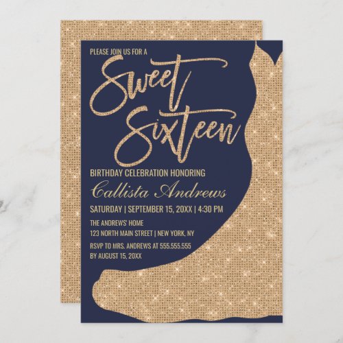 Princess Navy Blue Gold Glitter Dress Sweet 16 Invitation