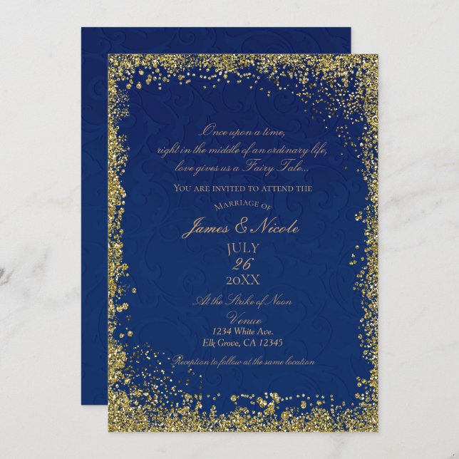 Princess Navy Blue Gold Storybook Wedding Invitation (Front/Back)