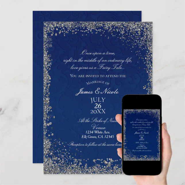 Princess Navy Blue Silver Storybook Wedding Invitation Zazzle 6869