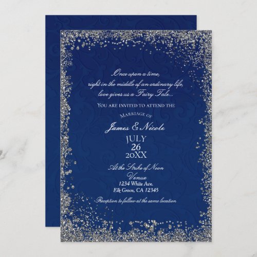 Princess Navy Blue Silver Storybook Wedding Invitation