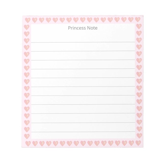 Princess Note & Pink Hearts on Lined Notepad (Front)